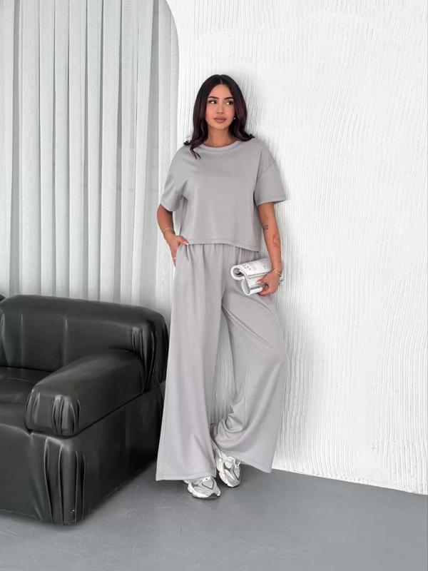 Osy Modal Yumuşak Dokulu Kumaş Bisiklet Yaka T-shirt Bol paça Pantalon ikili Takım - Boyalı Gri - Image 1