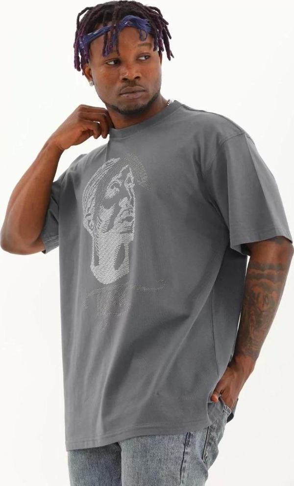 Unisex Oversize Taşlı Bisiklet Yaka T-Shirt - Füme - Image 1