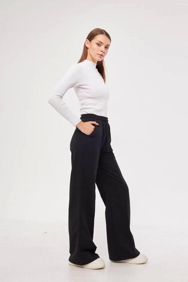 İki iplik Bol Paça Eşofman Pantalon - Siyah - Image 1