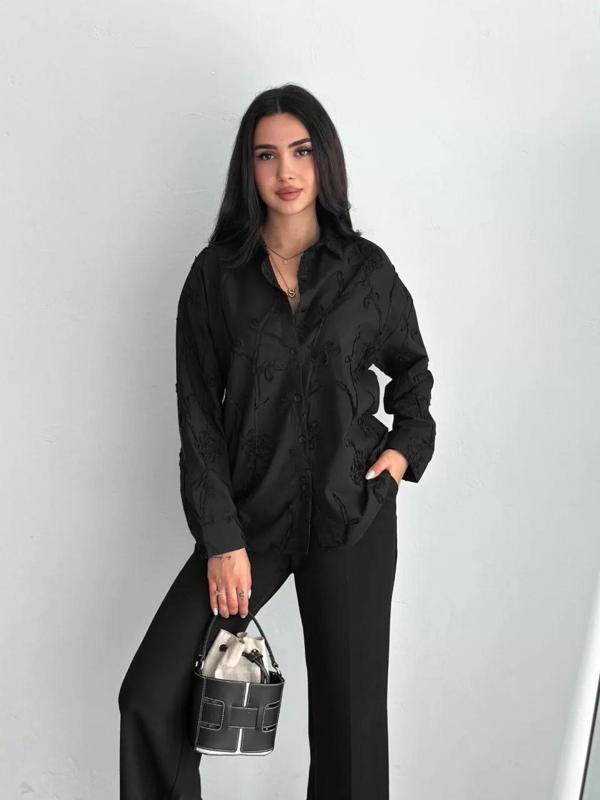 Kadın Nakışlı Uzun Kollu Gömlek - Siyah - Image 1