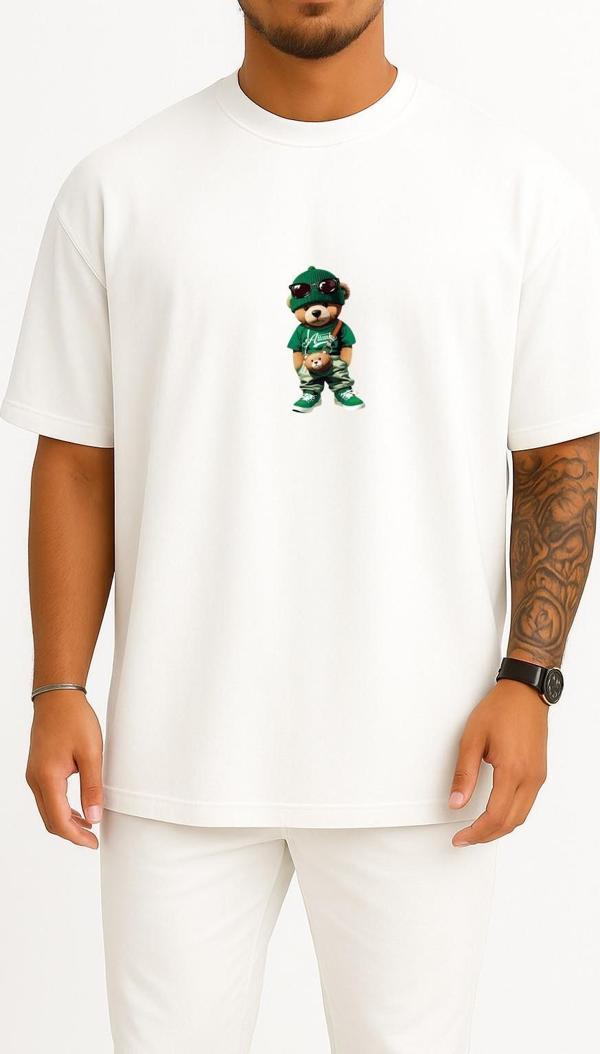 Oversize Yeşil Cool Teddy Bear Göğüs Tasarımlı Unisex T-Shirt - Image 1