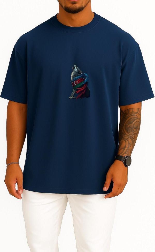 Oversize Azerbaycan Turan Kurt Göğüs Tasarımlı Unisex T-Shirt - Image 1