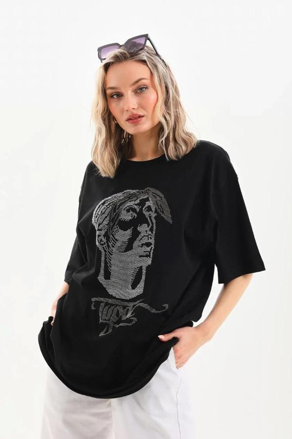 Unisex Taş Desenli Oversize T-Shirt - Siyah - Image 1