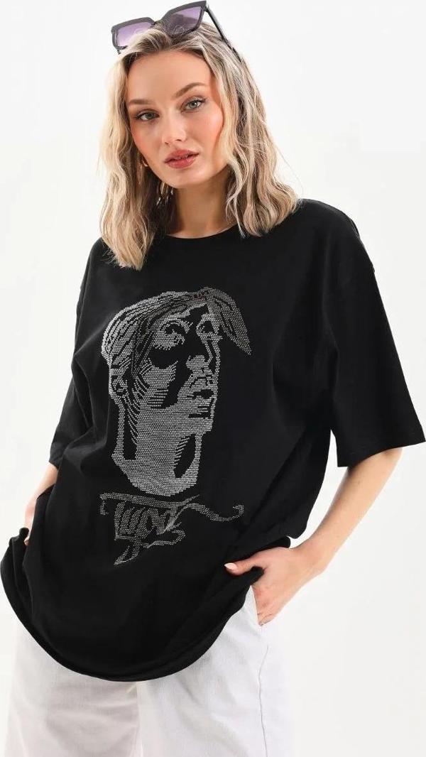 Unisex Taş Desenli Oversize T-Shirt - Siyah - Image 1