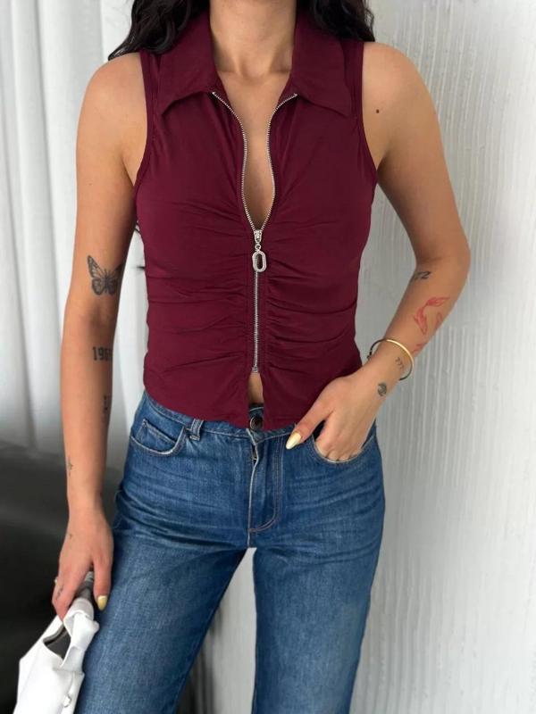 Yakalı Tam Fermuarlı Kolsuz Bluz - Bordo - Image 1