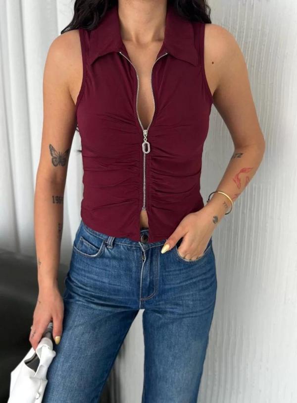 Yakalı Tam Fermuarlı Kolsuz Bluz - Bordo - Image 1