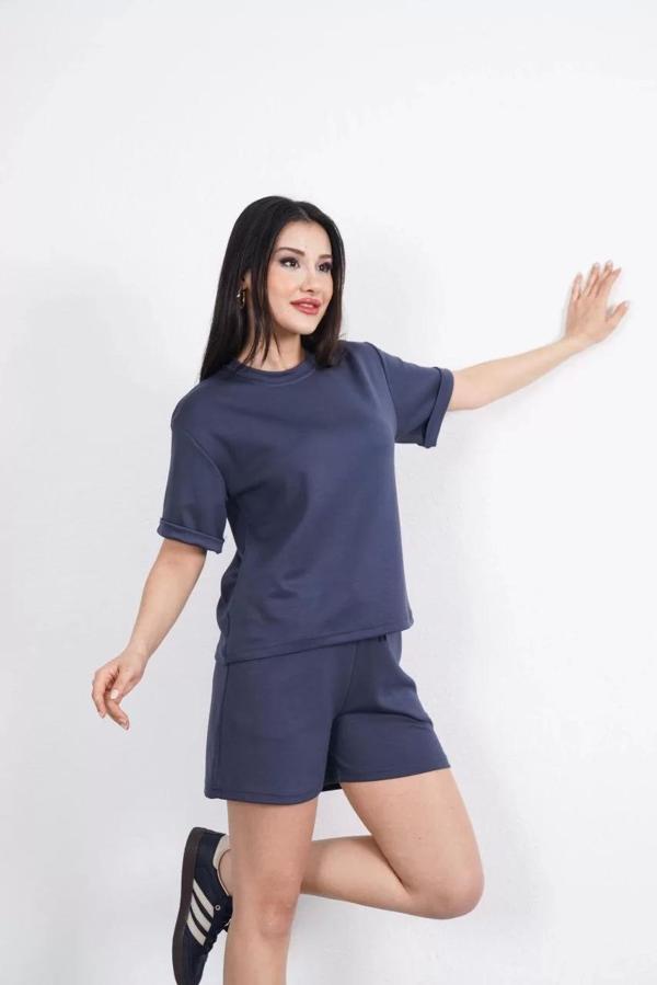 Osy Modal yumuşak dokulu Kumaş Kadın Bisiklet Yaka T-shirt Kısa Şort İkili Takım - Antrasit - Image 1