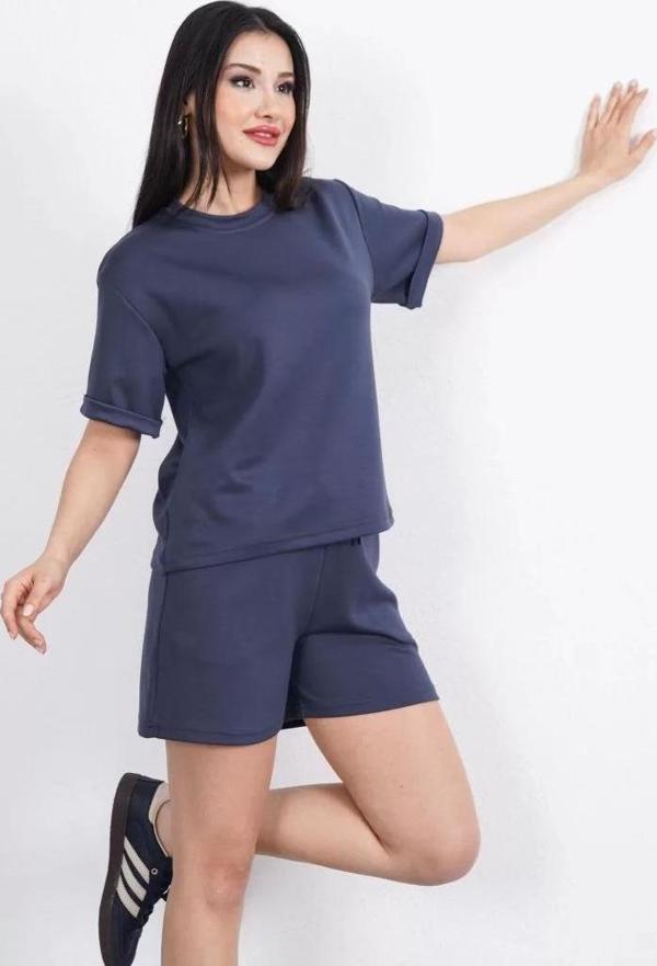 Osy Modal yumuşak dokulu Kumaş Kadın Bisiklet Yaka T-shirt Kısa Şort İkili Takım - Antrasit - Image 1