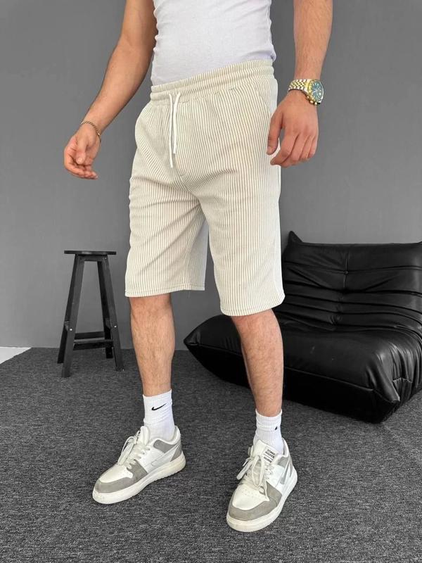 Su Yolu Çizgili Ön Arka Cepli Şort Yazlık Nefes Alabilir - Bej - Image 1