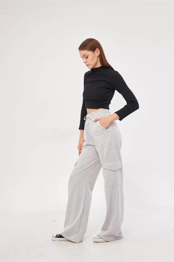 Kargo Cepli Palazzo Oversize Kesim İki iplik Bol Paça Eşofman Altı Pantalon - Gri - Image 1