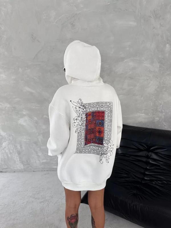 Uzun Kol Kapüşonlu Ön Ve Arka Baskılı SweatShirt - Beyaz - Image 1