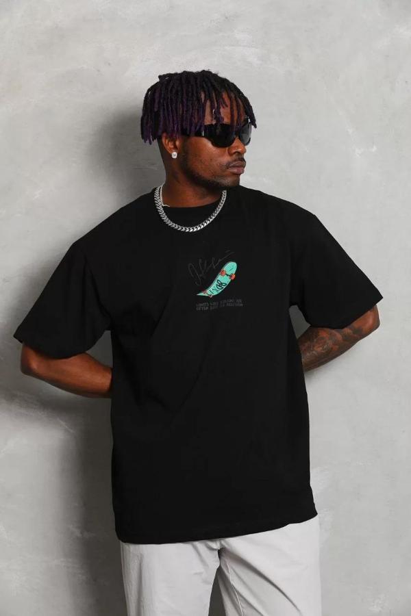 Unisex Oversize Baskılı Bisiklet Yaka T-Shirt - Siyah - Image 1