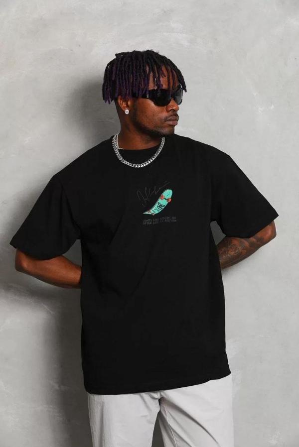 Unisex Oversize Baskılı Bisiklet Yaka T-Shirt - Siyah - Image 1