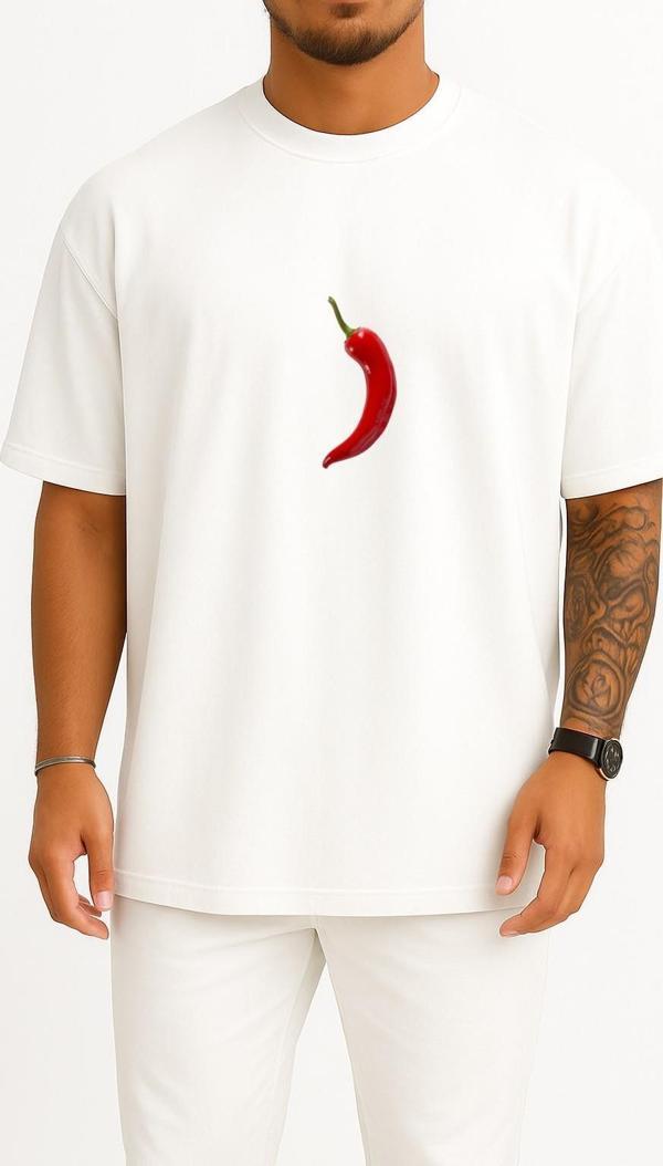 Oversize Kırmızı Acı Biber Peppers Göğüs Tasarımlı Unisex T-Shirt - Image 1