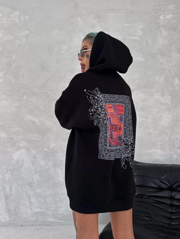 Uzun Kol Kapüşonlu Ön Ve Arka Baskılı SweatShirt - Siyah - Image 1