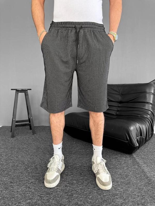 Su Yolu Çizgili Ön Arka Cepli Şort Yazlık Nefes Alabilir - Siyah - Image 1