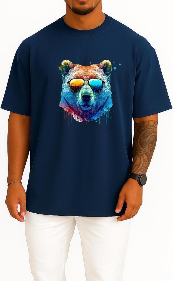 Oversize Cool Bear Psychedelic Bear Göğüs Tasarımlı Unisex T-Shirt - Image 1