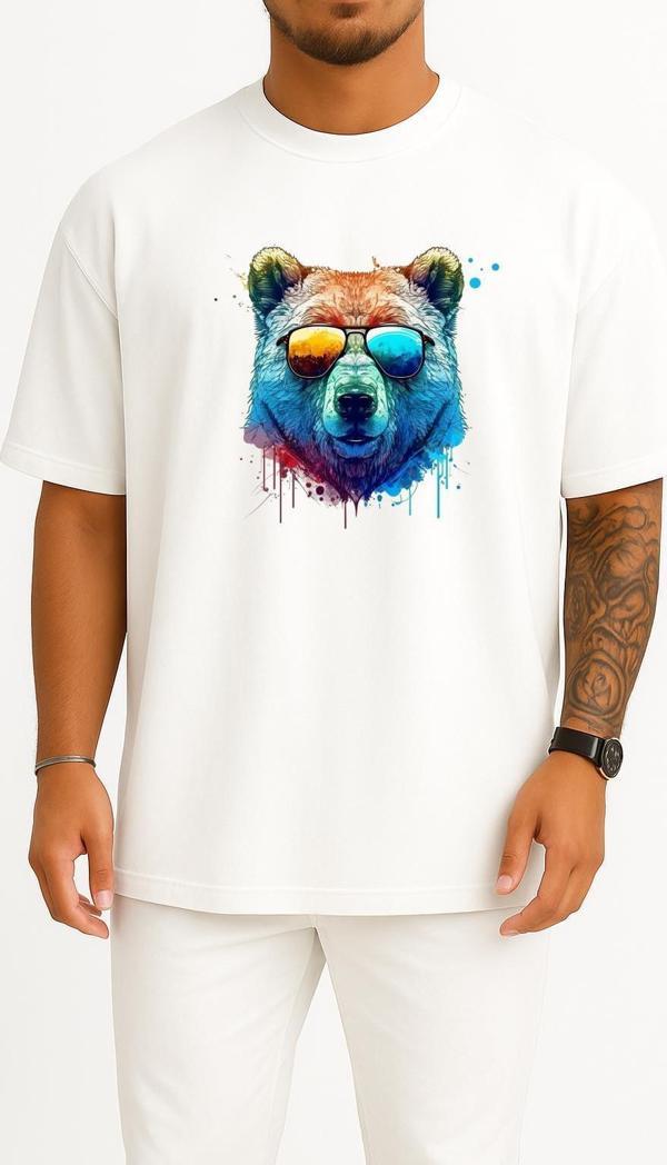 Oversize Cool Bear Psychedelic Bear Göğüs ve Sırt Tasarımlı Unisex T-Shirt - Image 1