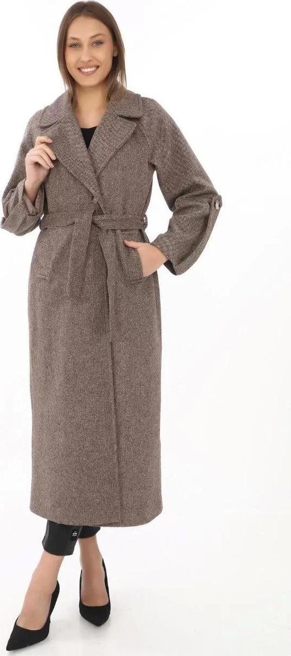 Kadın Kolu Apoletli Astarlı Kaşmir Kaşe Kaban - Vizon - Image 1