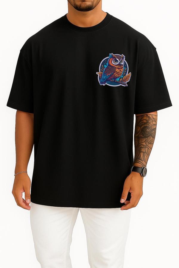 Oversize Sticker Owl Mascot Cep ve Sırt Tasarımlı Unisex T-Shirt - Image 1