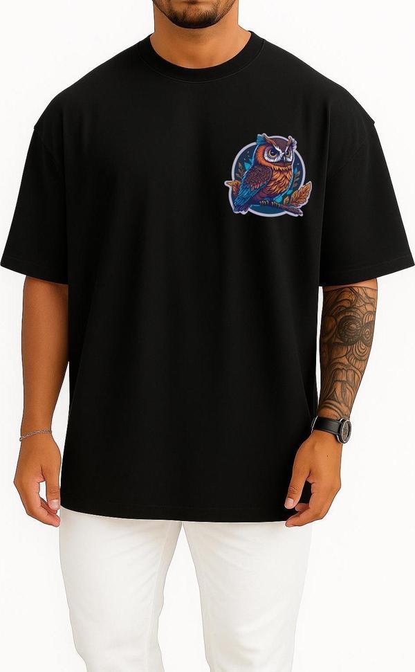 Oversize Sticker Owl Mascot Cep ve Sırt Tasarımlı Unisex T-Shirt - Image 1