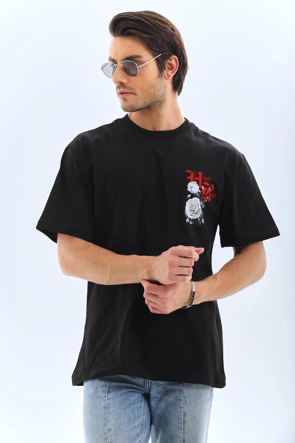 Unisex Oversize Baskılı Bisiklet Yaka T-Shirt - Siyah - Image 1