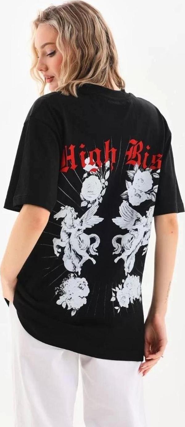 Unisex Baskılı Oversize T-Shirt - Siyah - Image 1
