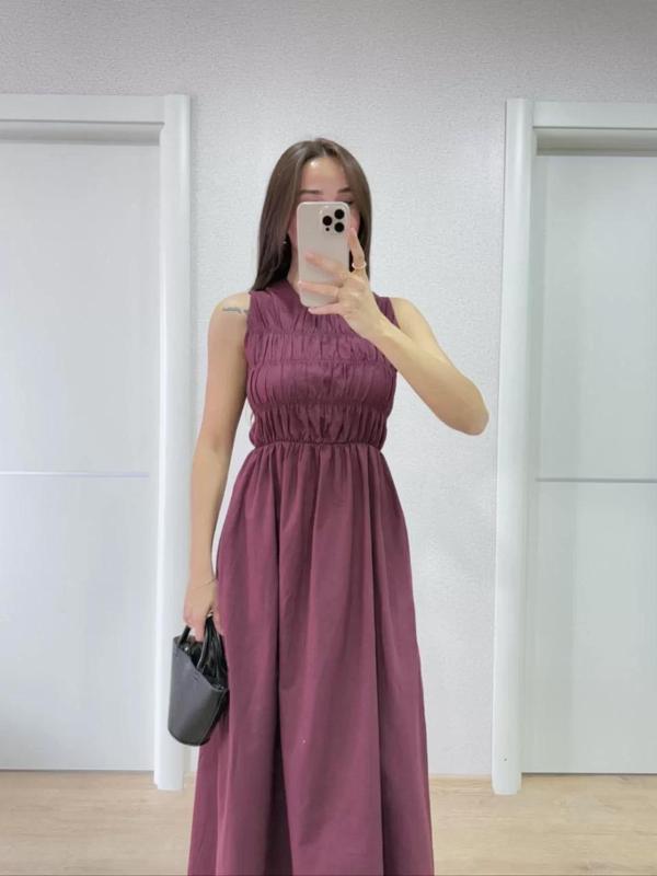Kolsuz Göğüs Lastıklı %100 Poplin Uzun Elbise - Bordo - Image 1