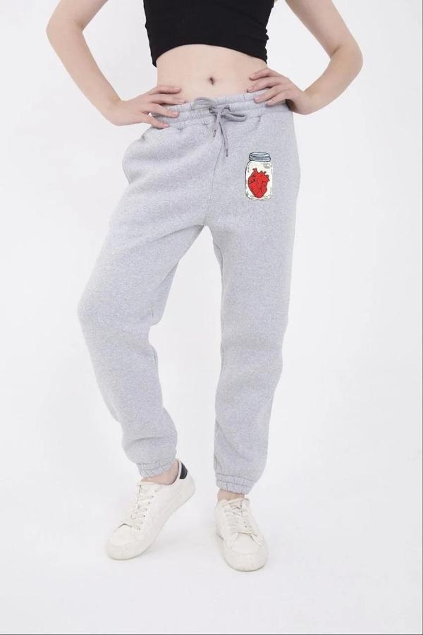 Üç İplik Lastikli Baskılı Eşofman Pantolon - Gri - Image 1