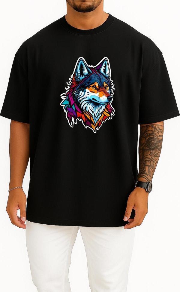 Oversize Wolf Face Logo Mascot Göğüs ve Sırt Tasarımlı Unisex T-Shirt - Image 1