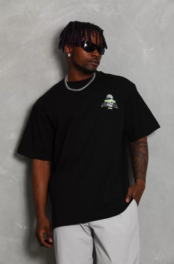 Unisex Oversize Baskılı Bisiklet Yaka T-Shirt - Siyah - Image 1