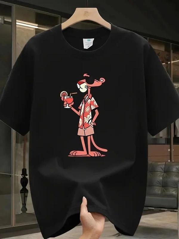 Pembe Panter Baskılı Erkek Oversize Günlük Kısa Kollu Tişört İlkbahar ve Yaz için Mükemmeldir - Siya - Image 1