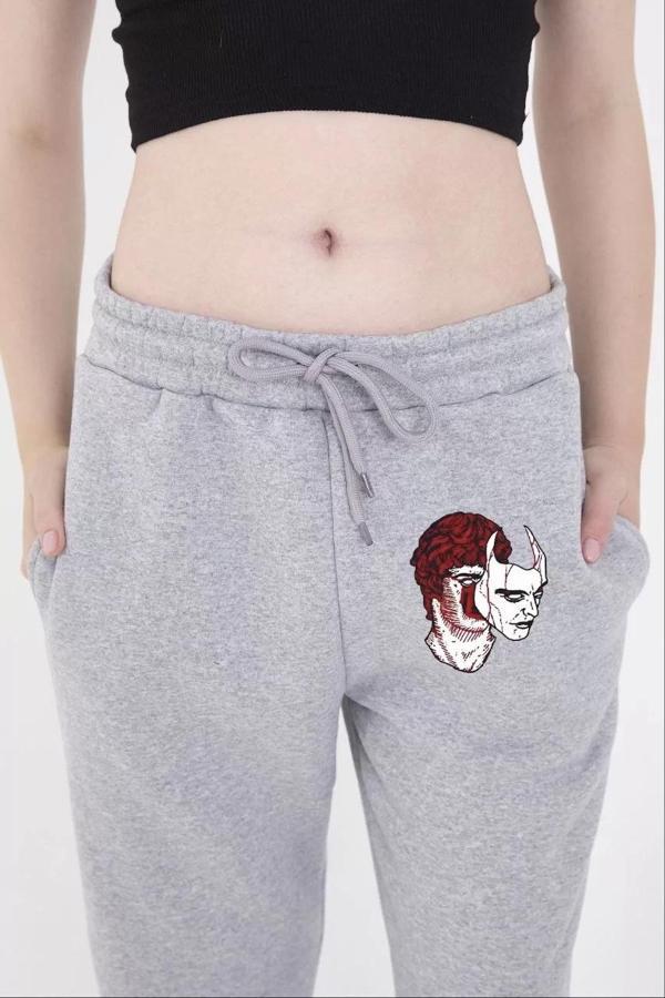 Kadın Lastikli Baskılı Eşofman Pantolon - Gri - Image 1