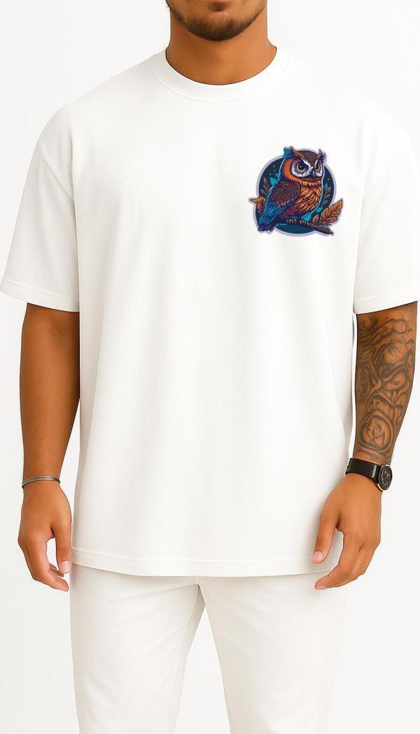 Oversize Sticker Owl Mascot Cep Tasarımlı Unisex T-Shirt - Image 1