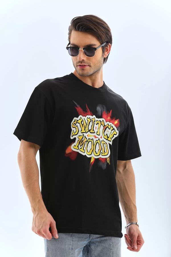 Unisex Oversize Baskılı Bisiklet Yaka T-Shirt - Siyah - Image 1