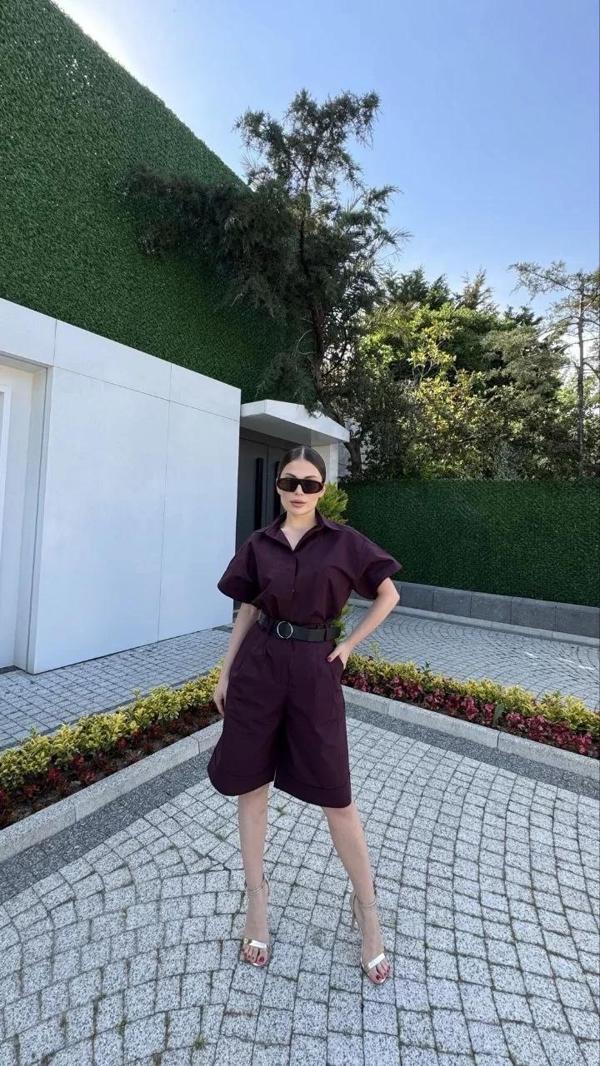 Kadın Yakalı Gömlek Kemerli Şortlu Takım - Bordo - Image 1