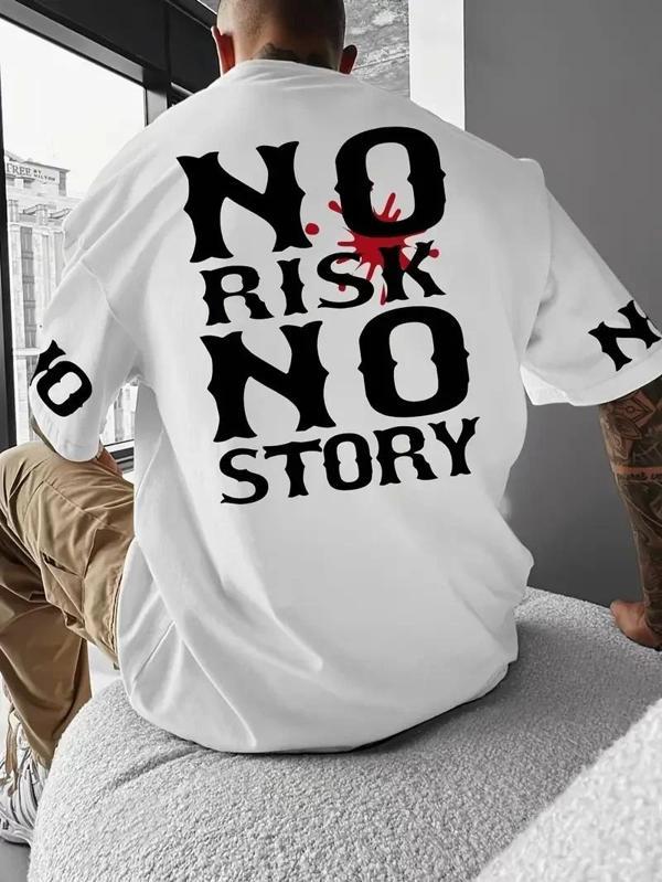 No Risk No Story Baskılı Oversize Bisiklet Yaka T-shirt - Beyaz - Image 1