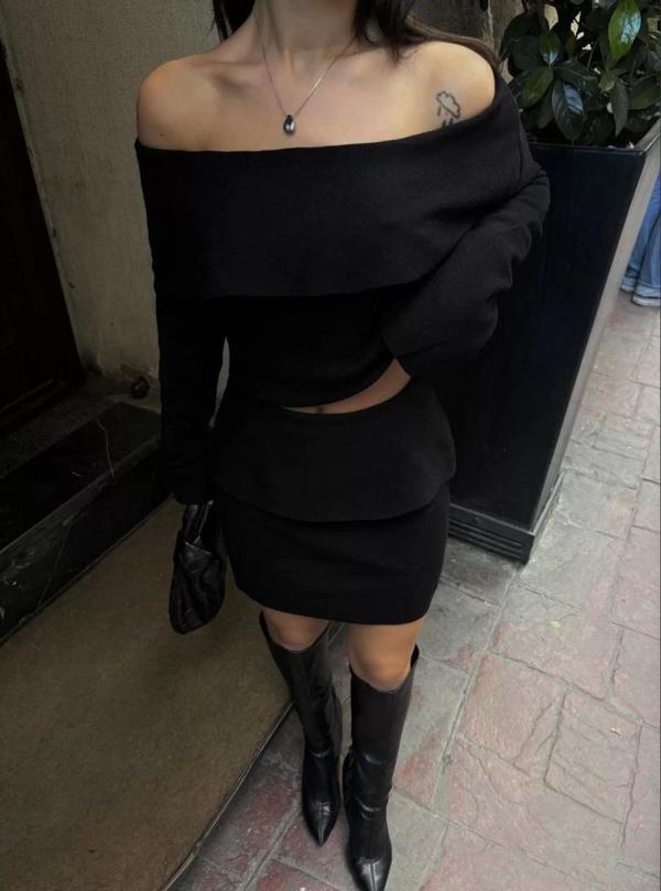 Straplez , Madonna , Carmen Yaka Croplu Mini Etekli ikili Takım Triko - Siyah - Image 1