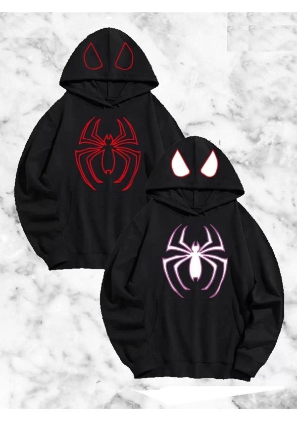 Örümcek Baskılı Sevgili Çift Kombini Kapüşonlu Sweatshirt & Hodie - Siyah - Image 1