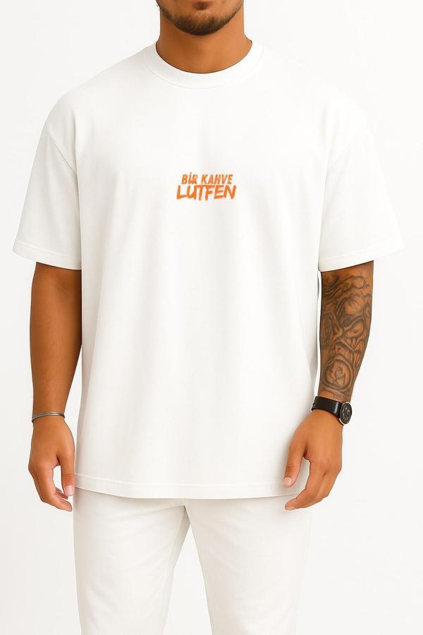 Oversize Bir Kahve Lütfen Yazılı Göğüs Tasarımlı Unisex T-Shirt - Image 1
