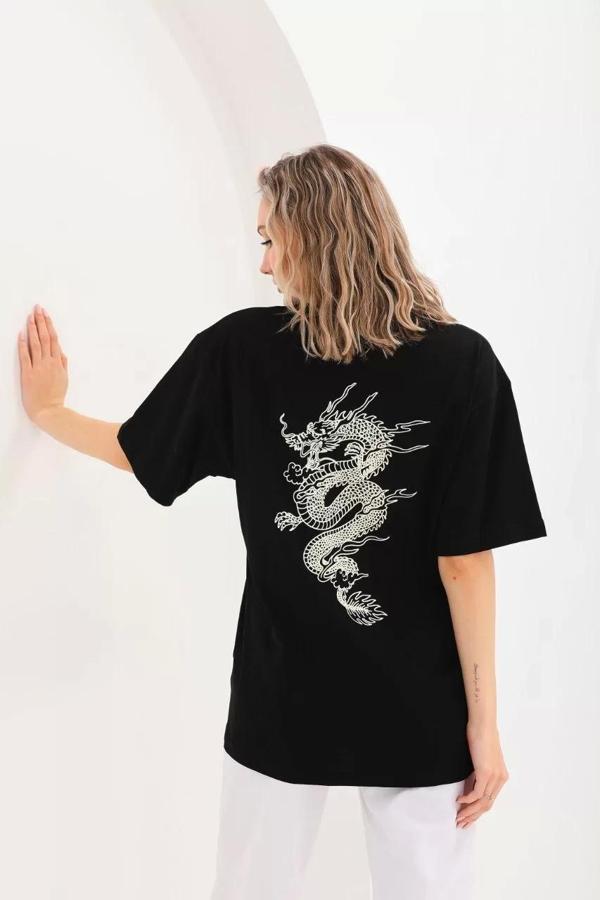 Unisex Baskılı Oversize T-Shirt - Siyah - Image 1