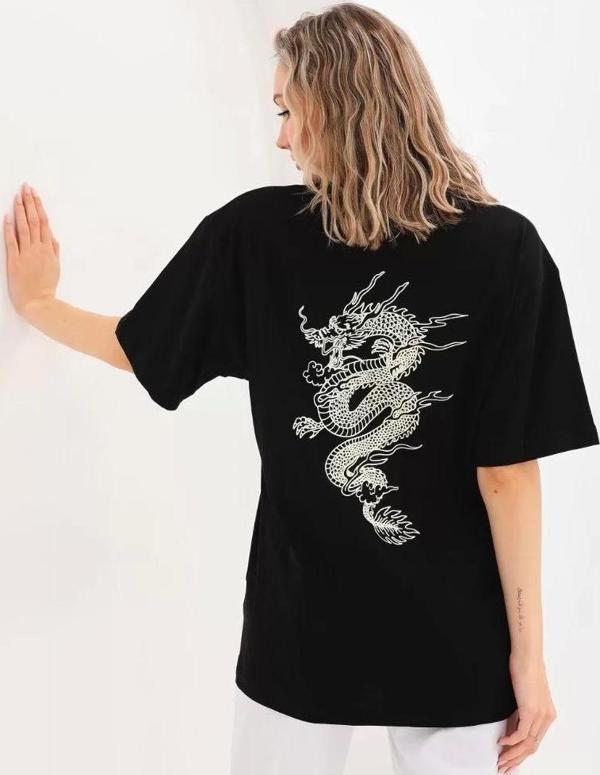 Unisex Baskılı Oversize T-Shirt - Siyah - Image 1