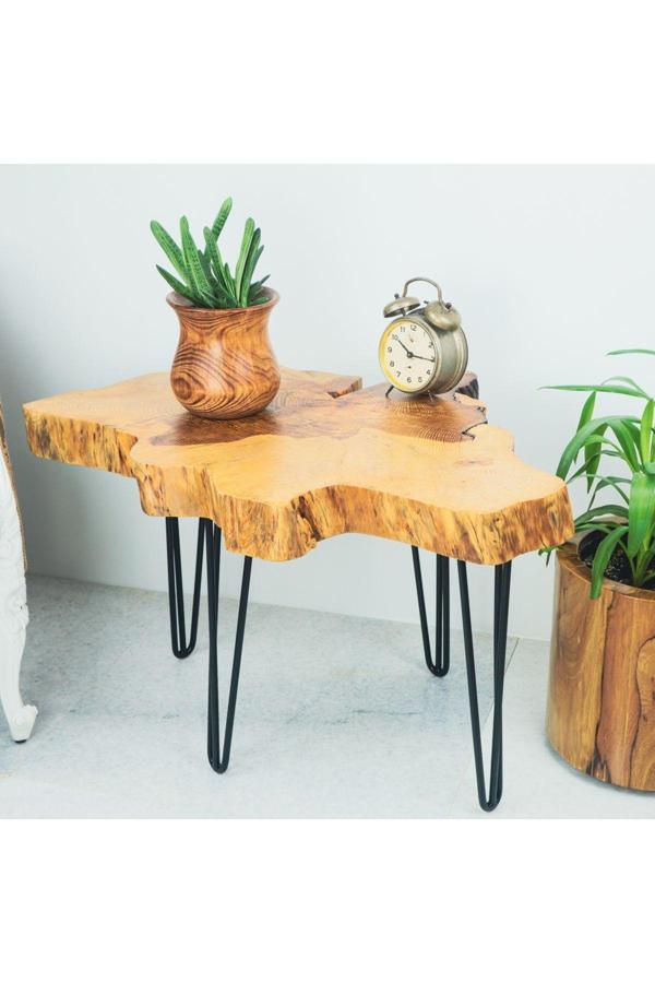 Wood Stone Art Sehpa Ahşap Çam Ağacı Doğal Kesit Orta Sehpa - Image 1