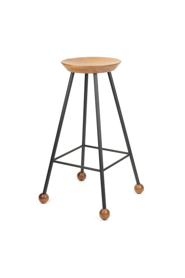Wood Stone Art Tabure Sandalye Bar Taburesi Ahşap Demir Ayaklı Ahşap Topuzlu Modern Rahat 75 Cm - Image 1