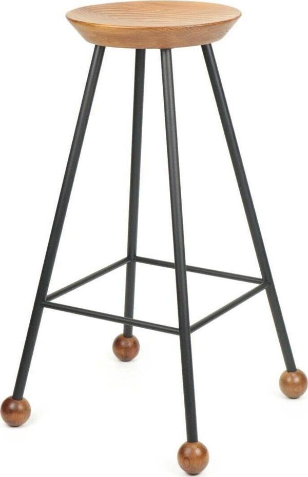 Wood Stone Art Tabure Sandalye Bar Taburesi Ahşap Demir Ayaklı Ahşap Topuzlu Modern Rahat 75 Cm - Image 1