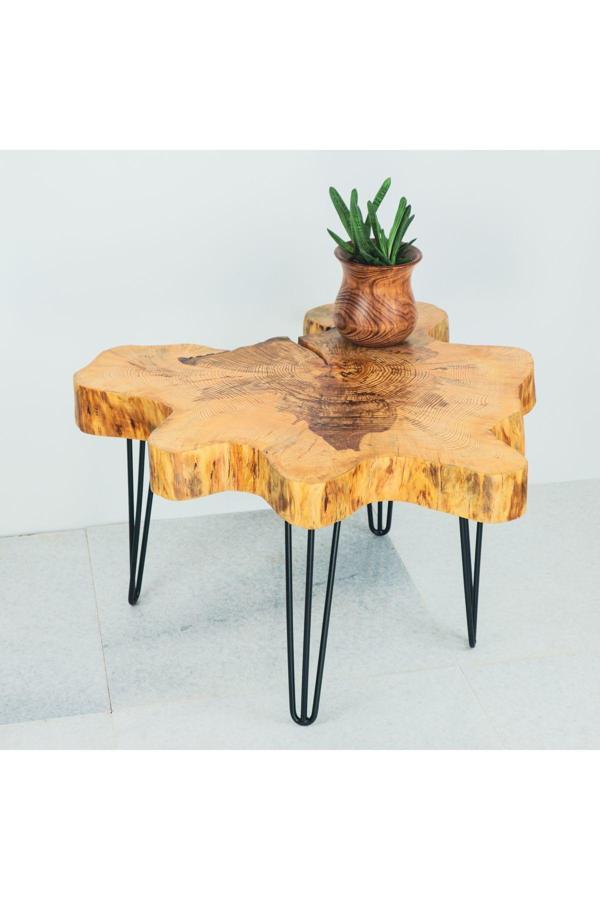 Wood Stone Art Sehpa Ahşap Çam Ağacı Doğal Kesit Orta Sehpa - Image 1
