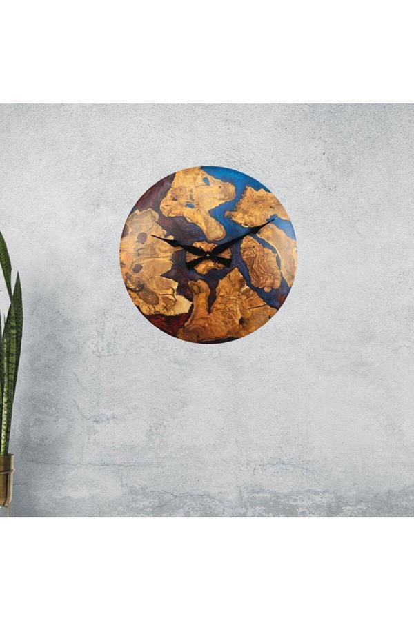 Wood Stone Art Duvar Saati Ahşap Zeytin Ağacı Çift Renkli Mavi & Kırmızı Epoksi Bombeli Duvar Saati - Image 1