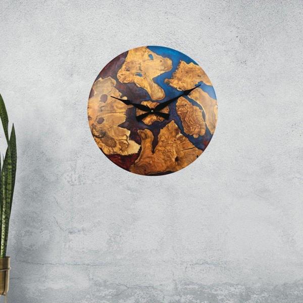 Wood Stone Art Duvar Saati Ahşap Zeytin Ağacı Çift Renkli Mavi & Kırmızı Epoksi Bombeli Duvar Saati - Image 1