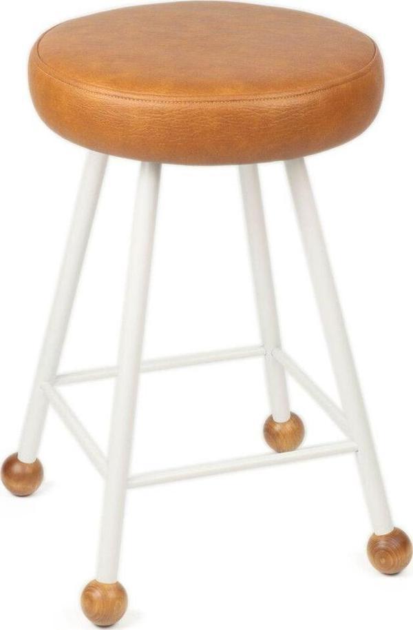 Wood Stone Art Tabure 47 Cm Sandalye Bar Taburesi Taba Suni Döşeme Oturma Yeri Beyaz Demir Ahşap Topuz - Image 1