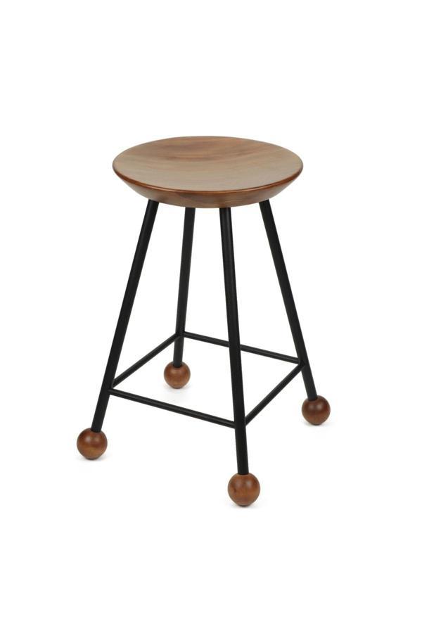Wood Stone Art Tabure Sandalye 55 Cm Yuvarlak Oturma Yeri Bar Taburesi Ahşap Demir Ayaklı Ahşap Topuzlu Modern - Image 1